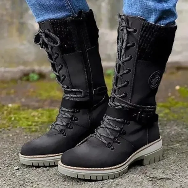 Women's Winter Lace-Up Snow Boots with Knit Cuff – Warm Waterproof Outdoor Combat Boots with Side Zipper and Anti-Slip Sole for Cold Weather and Hiking