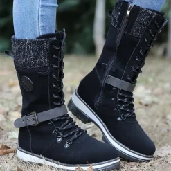 Women's Winter Lace-Up Snow Boots with Knit Cuff – Warm Waterproof Outdoor Combat Boots with Side Zipper and Anti-Slip Sole for Cold Weather and Hiking