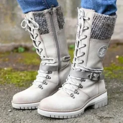 Women's Winter Lace-Up Snow Boots with Knit Cuff – Warm Waterproof Outdoor Combat Boots with Side Zipper and Anti-Slip Sole for Cold Weather and Hiking