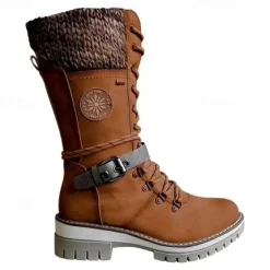 Women's Winter Lace-Up Snow Boots with Knit Cuff – Warm Waterproof Outdoor Combat Boots with Side Zipper and Anti-Slip Sole for Cold Weather and Hiking