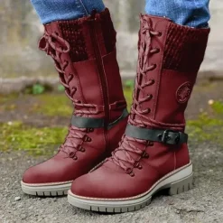 Women's Winter Lace-Up Snow Boots with Knit Cuff – Warm Waterproof Outdoor Combat Boots with Side Zipper and Anti-Slip Sole for Cold Weather and Hiking