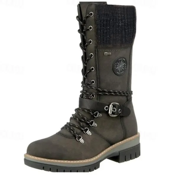 Women's Winter Lace-Up Snow Boots with Knit Cuff – Warm Waterproof Outdoor Combat Boots with Side Zipper and Anti-Slip Sole for Cold Weather and Hiking