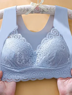 Women's Wireless Bras Padded Bras Full Coverage V Neck Breathable Push Up Lace Pure Color Pull-On Closure Date Casual Daily Nylon Sexy 1PC Black Blue / Bras & Bralettes / 1 PC Home Outfits