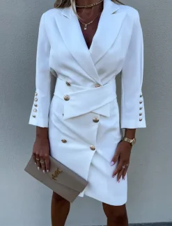 Women's Work Dress Blazer Dress Sheath Dress Fashion Office Daily Mini Dress Double Breasted Shirt Collar Long Sleeve Plain Loose Fit Black White Green Fall Winter S M L XL