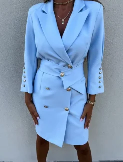 Women's Work Dress Blazer Dress Sheath Dress Fashion Office Daily Mini Dress Double Breasted Shirt Collar Long Sleeve Plain Loose Fit Black White Green Fall Winter S M L XL