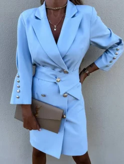 Women's Work Dress Blazer Dress Sheath Dress Fashion Office Daily Mini Dress Double Breasted Shirt Collar Long Sleeve Plain Loose Fit Black White Green Fall Winter S M L XL