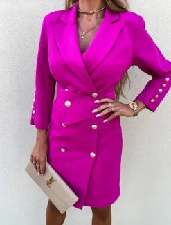 Women's Work Dress Blazer Dress Sheath Dress Fashion Office Daily Mini Dress Double Breasted Shirt Collar Long Sleeve Plain Loose Fit Black White Green Fall Winter S M L XL