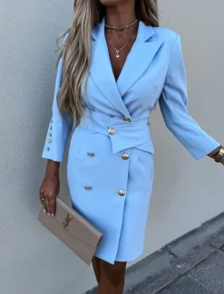 Women's Work Dress Blazer Dress Sheath Dress Fashion Office Daily Mini Dress Double Breasted Shirt Collar Long Sleeve Plain Loose Fit Black White Green Fall Winter S M L XL