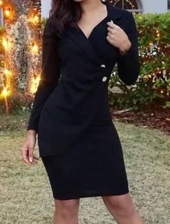 Women's Work Dress Sheath Dress Semi Formal Dress Fashion Office Daily Workfashion Midi Dress Button Lapel Long Sleeve Plain Regular Fit Black Wine Fuchsia Fall Winter S M L XL XXL