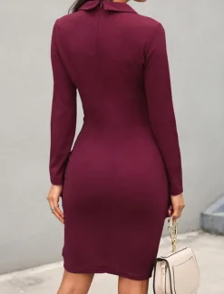 Women's Work Dress Sheath Dress Semi Formal Dress Fashion Office Daily Workfashion Midi Dress Button Lapel Long Sleeve Plain Regular Fit Black Wine Fuchsia Fall Winter S M L XL XXL