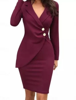 Women's Work Dress Sheath Dress Semi Formal Dress Fashion Office Daily Workfashion Midi Dress Button Lapel Long Sleeve Plain Regular Fit Black Wine Fuchsia Fall Winter S M L XL XXL