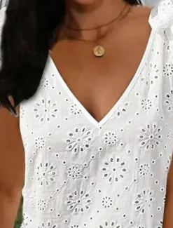 Women's Work Dress White Dress A Line Dress Elegant Daily Workfashion Mini Dress Embroidered Hollow Out V Neck Sleeveless Floral Geometric Loose Fit White Summer Spring S M L XL XXL