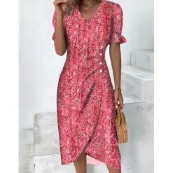 Women's Wrap Dress Floral Ditsy Floral Button Print V Neck Midi Dress Classic Daily Vacation Short Sleeve Summer Spring
