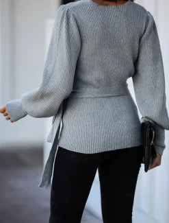 Women's Wrap Knit Sweater V Neck Ribbed Knit Knitted Lantern Sleeve Fall Winter Work Elegant Fashion Daily Long Sleeve Solid Color Black Beige