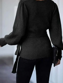 Women's Wrap Knit Sweater V Neck Ribbed Knit Knitted Lantern Sleeve Fall Winter Work Elegant Fashion Daily Long Sleeve Solid Color Black Beige