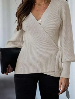 Women's Wrap Knit Sweater V Neck Ribbed Knit Knitted Lantern Sleeve Fall Winter Work Elegant Fashion Daily Long Sleeve Solid Color Black Beige