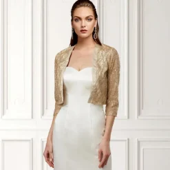 Women's Wrap Sparkle Bolero Elegant & Luxurious Shine 3/4 Length Sleeve Sequined Wedding Guest Wraps With Paillette For Wedding Spring & Fall dress to impress