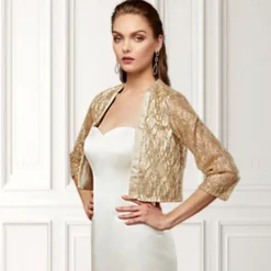Women's Wrap Sparkle Bolero Elegant & Luxurious Shine 3/4 Length Sleeve Sequined Wedding Guest Wraps With Paillette For Wedding Spring & Fall dress to impress