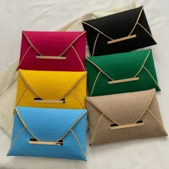 Women's Yellow Croc-Embossed Envelope Clutch with Metal Handle and Textured Faux Leather, Bold Evening Bag for Cocktail Parties, Weddings and Night Out