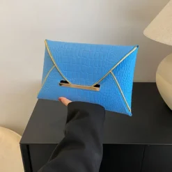 Women's Yellow Croc-Embossed Envelope Clutch with Metal Handle and Textured Faux Leather, Bold Evening Bag for Cocktail Parties, Weddings and Night Out