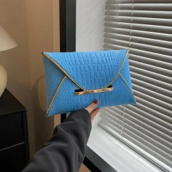 Women's Yellow Croc-Embossed Envelope Clutch with Metal Handle and Textured Faux Leather, Bold Evening Bag for Cocktail Parties, Weddings and Night Out