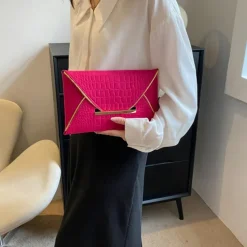 Women's Yellow Croc-Embossed Envelope Clutch with Metal Handle and Textured Faux Leather, Bold Evening Bag for Cocktail Parties, Weddings and Night Out