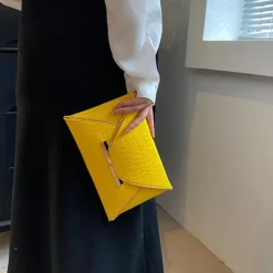Women's Yellow Croc-Embossed Envelope Clutch with Metal Handle and Textured Faux Leather, Bold Evening Bag for Cocktail Parties, Weddings and Night Out