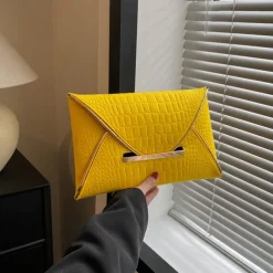 Women's Yellow Croc-Embossed Envelope Clutch with Metal Handle and Textured Faux Leather, Bold Evening Bag for Cocktail Parties, Weddings and Night Out