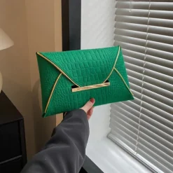 Women's Yellow Croc-Embossed Envelope Clutch with Metal Handle and Textured Faux Leather, Bold Evening Bag for Cocktail Parties, Weddings and Night Out
