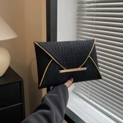 Women's Yellow Croc-Embossed Envelope Clutch with Metal Handle and Textured Faux Leather, Bold Evening Bag for Cocktail Parties, Weddings and Night Out