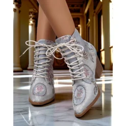 Women's Yellow Jacquard Lace-Up Ankle Boots with Chunky Heels - Late 19th Century Victorian Style Baroque Short Boots for Ladies, Ideal for Fall Outfits, Costume Parties, and Comfortable Walking