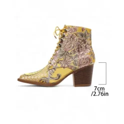 Women's Yellow Jacquard Lace-Up Ankle Boots with Chunky Heels - Late 19th Century Victorian Style Baroque Short Boots for Ladies, Ideal for Fall Outfits, Costume Parties, and Comfortable Walking