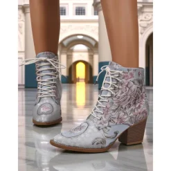 Women's Yellow Jacquard Lace-Up Ankle Boots with Chunky Heels - Late 19th Century Victorian Style Baroque Short Boots for Ladies, Ideal for Fall Outfits, Costume Parties, and Comfortable Walking