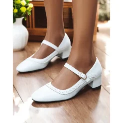 Women's Yellow Mary Jane Block Heel Shoes with Brogue Detailing – 1950sVintage Mid-Heel Pumps for Office, Daily Wear and Spring Outings