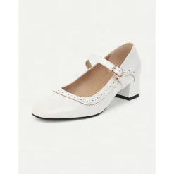 Women's Yellow Mary Jane Block Heel Shoes with Brogue Detailing – 1950sVintage Mid-Heel Pumps for Office, Daily Wear and Spring Outings