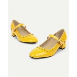 Women's Yellow Mary Jane Block Heel Shoes with Brogue Detailing – 1950sVintage Mid-Heel Pumps for Office, Daily Wear and Spring Outings