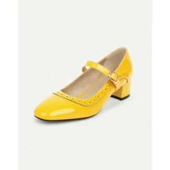 Women's Yellow Mary Jane Block Heel Shoes with Brogue Detailing – 1950sVintage Mid-Heel Pumps for Office, Daily Wear and Spring Outings