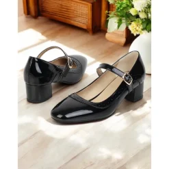 Women's Yellow Mary Jane Block Heel Shoes with Brogue Detailing – 1950sVintage Mid-Heel Pumps for Office, Daily Wear and Spring Outings