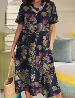 Women's Yellow Navy Blue Purple Summer Spring Midi Dress Cotton Linen Dresses Casual Dress Cotton Summer Dress Basic Casual Outdoor Vacation Daily Loose Fit Floral Flower V Neck