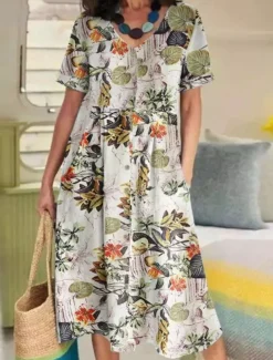 Women's Yellow Navy Blue Purple Summer Spring Midi Dress Cotton Linen Dresses Casual Dress Cotton Summer Dress Basic Casual Outdoor Vacation Daily Loose Fit Floral Flower V Neck