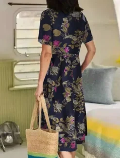 Women's Yellow Navy Blue Purple Summer Spring Midi Dress Cotton Linen Dresses Casual Dress Cotton Summer Dress Basic Casual Outdoor Vacation Daily Loose Fit Floral Flower V Neck