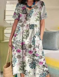 Women's Yellow Navy Blue Purple Summer Spring Midi Dress Cotton Linen Dresses Casual Dress Cotton Summer Dress Basic Casual Outdoor Vacation Daily Loose Fit Floral Flower V Neck