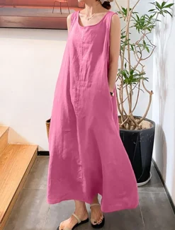 Women's Yellow Pink Red Summer Spring Maxi Dress Cotton Linen Dresses Casual Dress Cotton Summer Dress Basic Casual Vacation Daily Holiday Loose Fit Pure Color Crew Neck