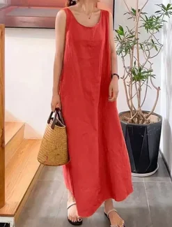 Women's Yellow Pink Red Summer Spring Maxi Dress Cotton Linen Dresses Casual Dress Cotton Summer Dress Basic Casual Vacation Daily Holiday Loose Fit Pure Color Crew Neck