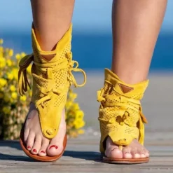 Women's Yellow Suede Lace-Up Gladiator Sandals with Perforated Design, Ideal for Summer Outings and Beach Vacations