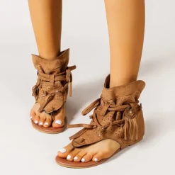 Women's Yellow Suede Lace-Up Gladiator Sandals with Perforated Design, Ideal for Summer Outings and Beach Vacations