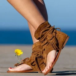 Women's Yellow Suede Lace-Up Gladiator Sandals with Perforated Design, Ideal for Summer Outings and Beach Vacations