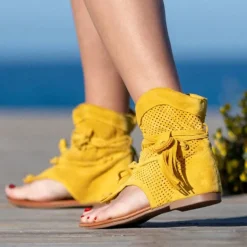 Women's Yellow Suede Lace-Up Gladiator Sandals with Perforated Design, Ideal for Summer Outings and Beach Vacations