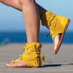 Women's Yellow Suede Lace-Up Gladiator Sandals with Perforated Design, Ideal for Summer Outings and Beach Vacations
