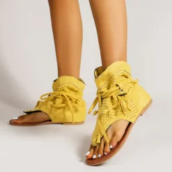 Women's Yellow Suede Lace-Up Gladiator Sandals with Perforated Design, Ideal for Summer Outings and Beach Vacations